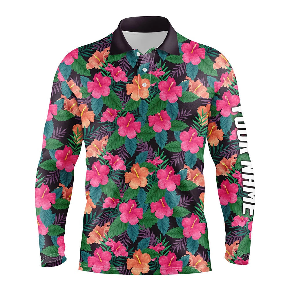 Golf Polo shirts, Mens Golf Polos Shirts Custom Colorful Hibiscus Flower Tropical Pattern Golf Tops For Mens