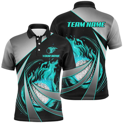 Golf Polo shirts, Mens Golf Polos Shirts Custom Flame Golf Ball Shirts For Men Cyan Blue