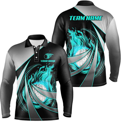 Golf Polo shirts, Mens Golf Polos Shirts Custom Flame Golf Ball Shirts For Men Cyan Blue