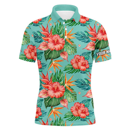 Golf Polo shirts, Mens Golf Polos Shirts Custom Green Tropical Flower Hibiscus Pattern Golf Tops For Mens