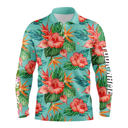 Golf Polo shirts, Mens Golf Polos Shirts Custom Green Tropical Flower Hibiscus Pattern Golf Tops For Mens