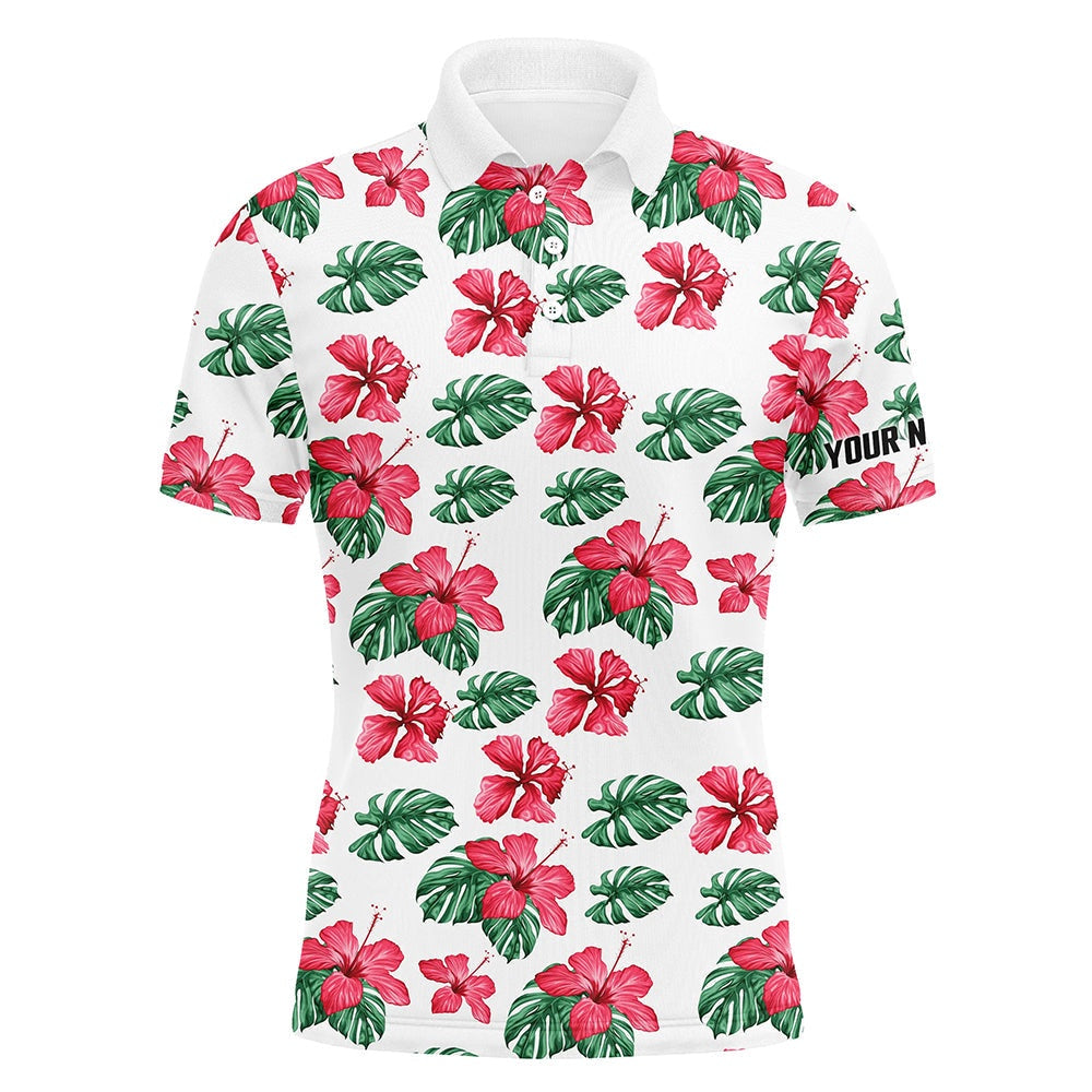 Golf Polo shirts, Mens Golf Polos Shirts Custom Green Tropical Pattern Hibiscus Flower Golf Tops For Mens