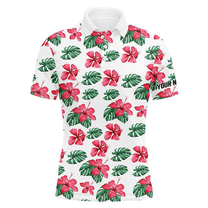 Golf Polo shirts, Mens Golf Polos Shirts Custom Green Tropical Pattern Hibiscus Flower Golf Tops For Mens