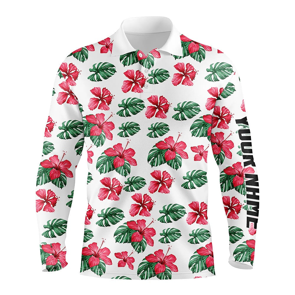 Golf Polo shirts, Mens Golf Polos Shirts Custom Green Tropical Pattern Hibiscus Flower Golf Tops For Mens
