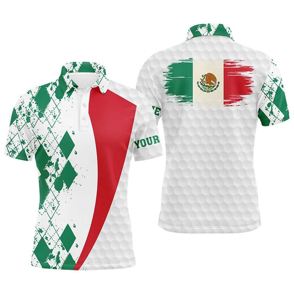 Golf Polo shirts, Mens Golf Polos Shirts Custom Mexico Flag Green Argyle Pattern White Golf Ball Men'S Golf Shirts