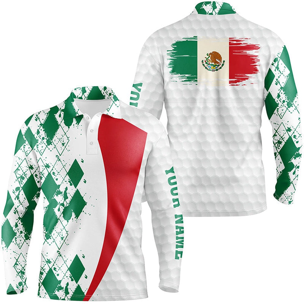 Golf Polo shirts, Mens Golf Polos Shirts Custom Mexico Flag Green Argyle Pattern White Golf Ball Men'S Golf Shirts