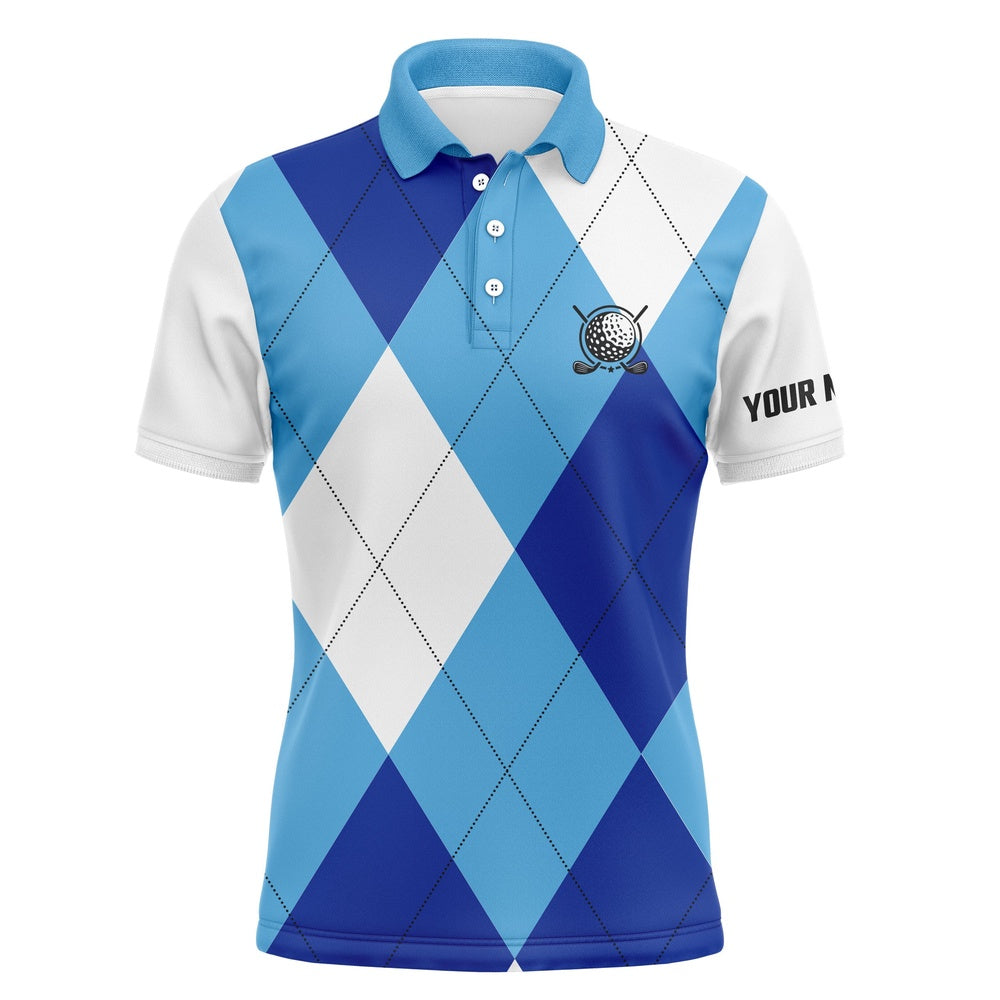 Golf Polo shirts, Mens Golf Polos Shirts Custom Name Blue And White Golf Pattern