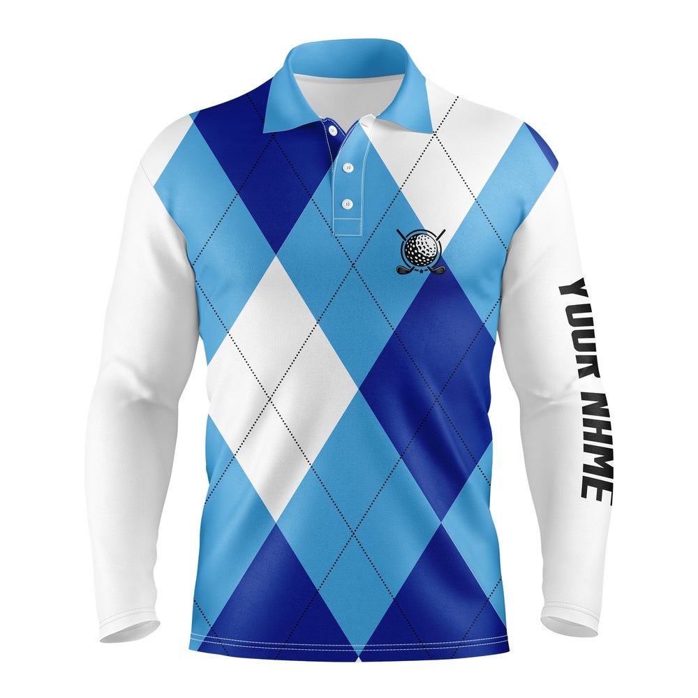 Golf Polo shirts, Mens Golf Polos Shirts Custom Name Blue And White Golf Pattern