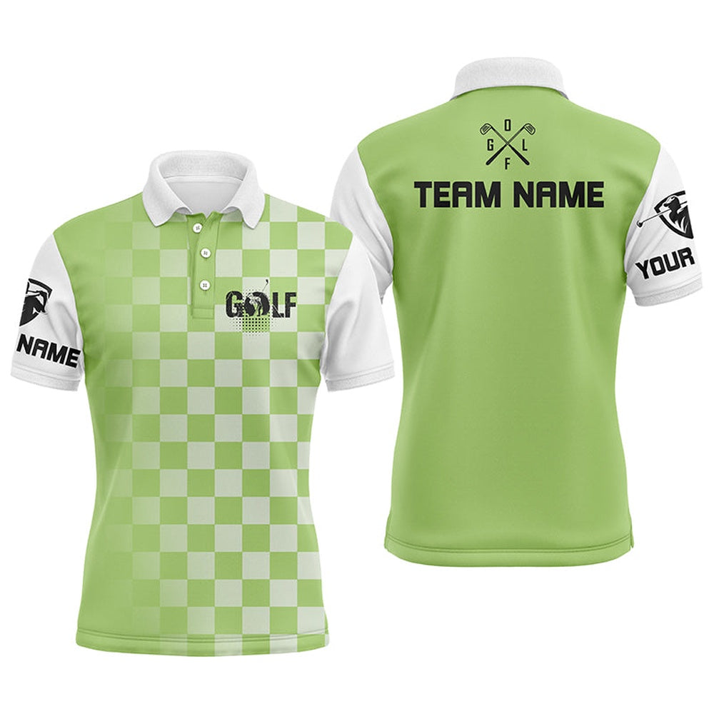Golf Polo shirts, Mens Golf Polos Shirts Custom Name Green Checkered Pattern Golf Shirts For Men