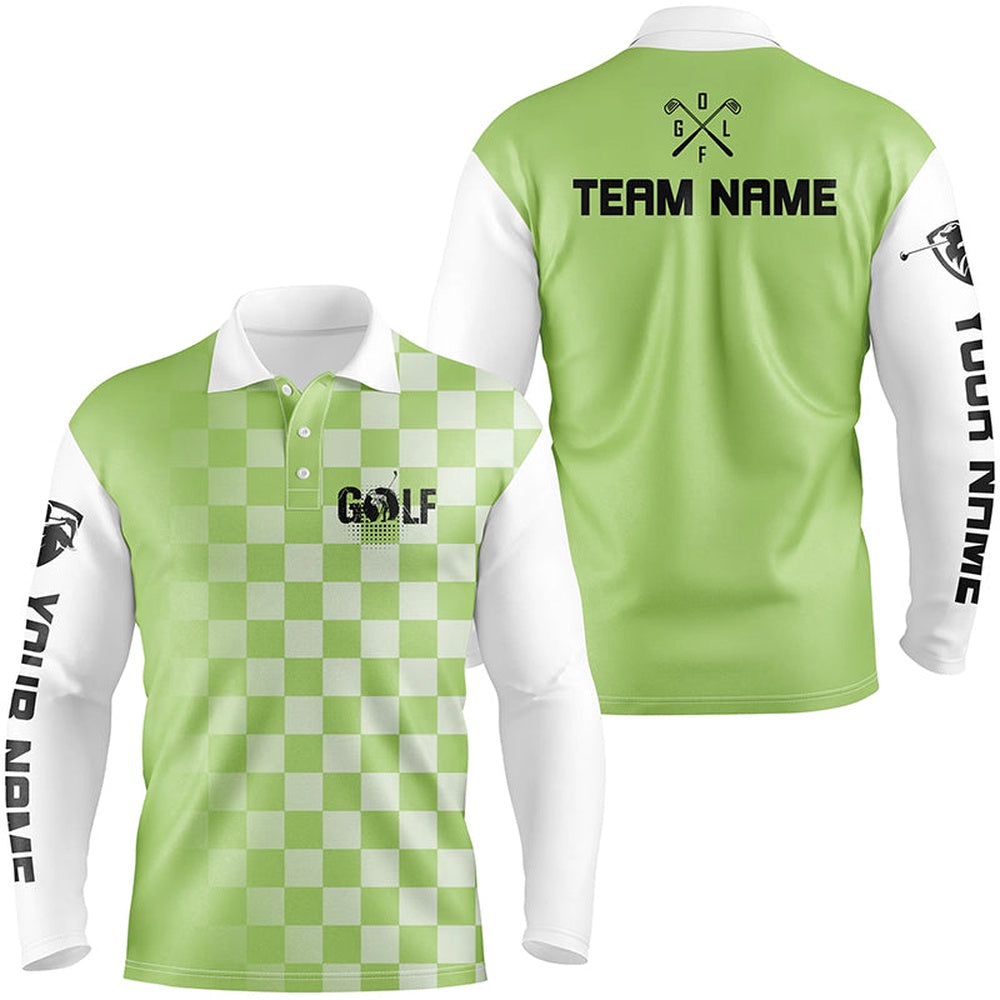 Golf Polo shirts, Mens Golf Polos Shirts Custom Name Green Checkered Pattern Golf Shirts For Men