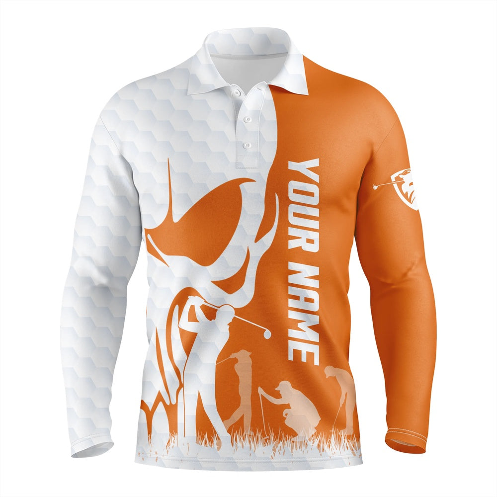 Golf Polo shirts, Mens Golf Polos Shirts Custom Name Skull White Golf Ball Skin Jerseys, Golf Wear For Mens Orange