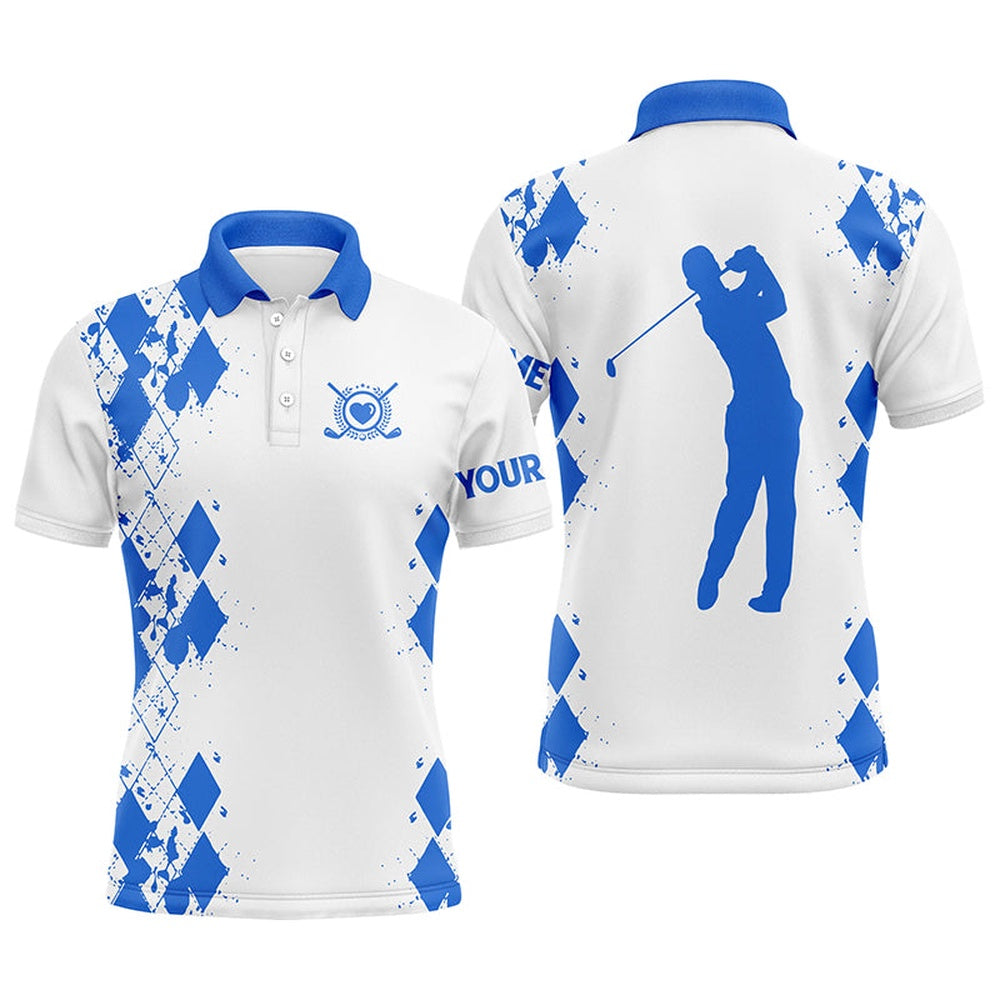 Golf Polo shirts, Mens Golf Polos Shirts Custom Name Swing Swear Repeat White Golf Shirt Blue