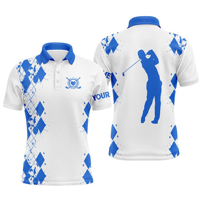 Golf Polo shirts, Mens Golf Polos Shirts Custom Name Swing Swear Repeat White Golf Shirt Blue