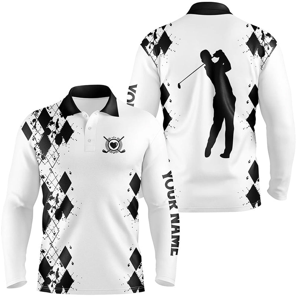 Golf Polo shirts, Mens Golf Polos Shirts Custom Name White Golf Shirt Black