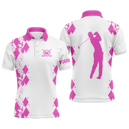 Golf Polo shirts, Mens Golf Polos Shirts Custom Name White Golf Shirt Pink