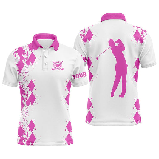 Golf Polo shirts, Mens Golf Polos Shirts Custom Name White Golf Shirt Pink