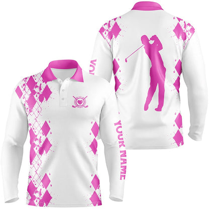 Golf Polo shirts, Mens Golf Polos Shirts Custom Name White Golf Shirt Pink