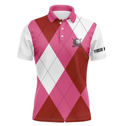 Golf Polo shirts, Mens Golf Polos Shirts Custom Pink And White Golf Argyle Plaid Pattern