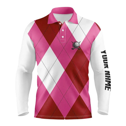 Golf Polo shirts, Mens Golf Polos Shirts Custom Pink And White Golf Argyle Plaid Pattern