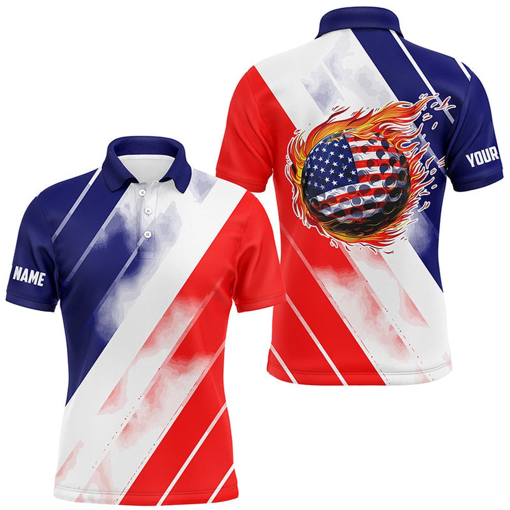 Golf Polo shirts, Mens Golf Polos Shirts Custom Red White And Blue American Flag Golf Ball Fire, Patriotic Golf Gifts