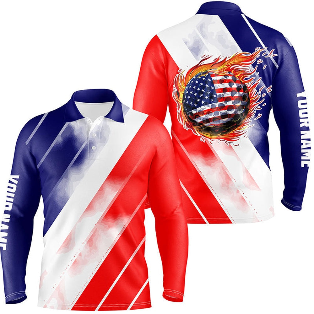 Golf Polo shirts, Mens Golf Polos Shirts Custom Red White And Blue American Flag Golf Ball Fire, Patriotic Golf Gifts