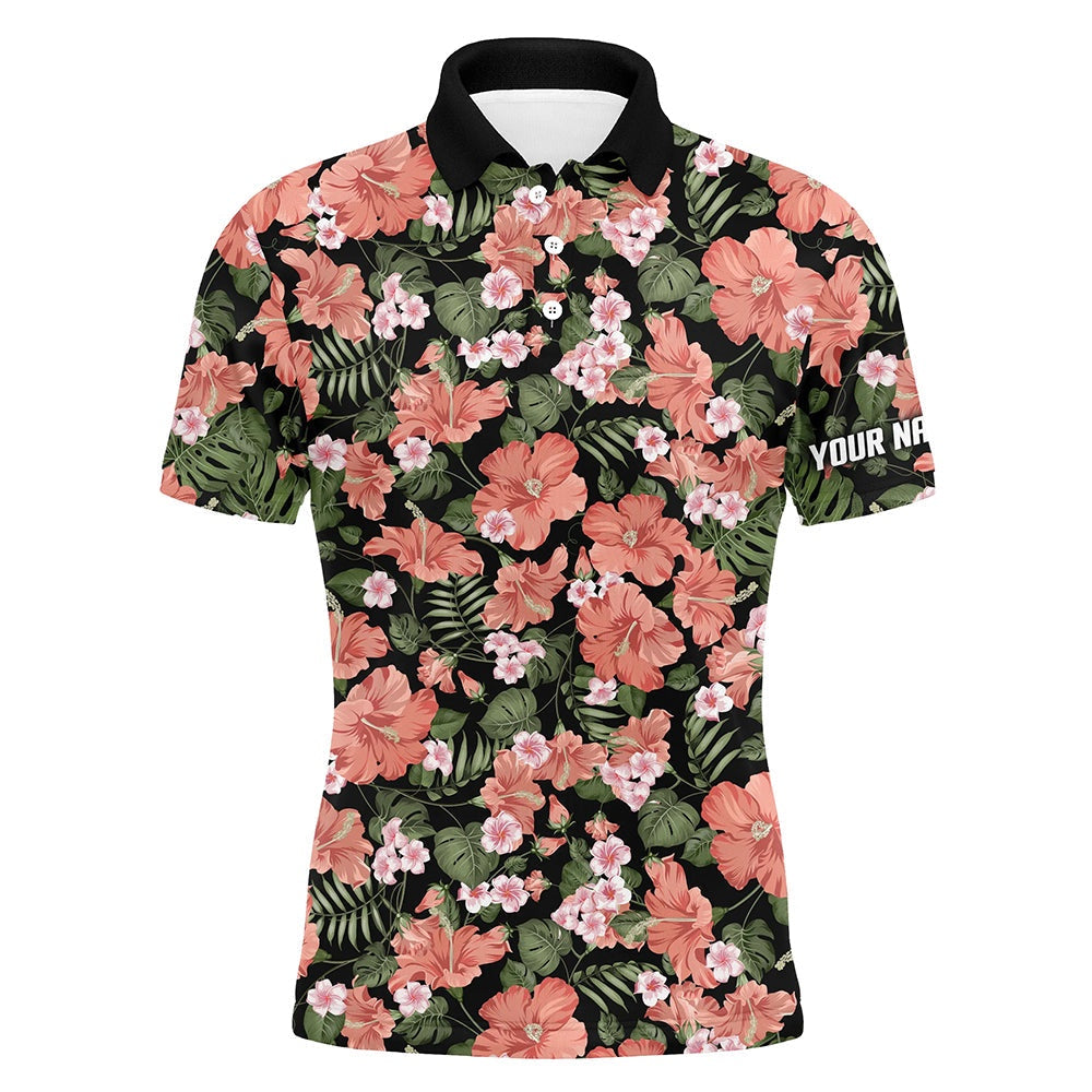 Golf Polo shirts, Mens Golf Polos Shirts Custom Tropical Pink Hibiscus Flower Black Pattern Golf Tops For Mens