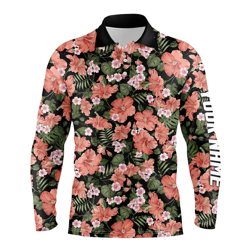Golf Polo shirts, Mens Golf Polos Shirts Custom Tropical Pink Hibiscus Flower Black Pattern Golf Tops For Mens