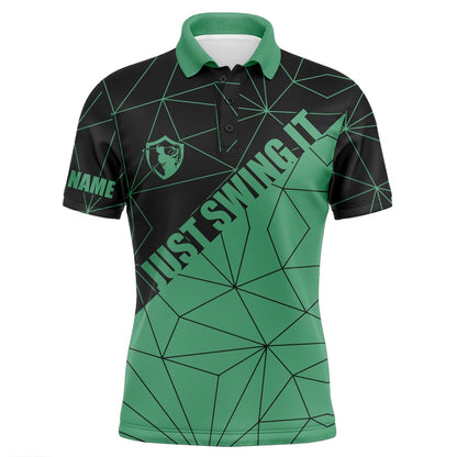 Golf Polo shirts, Mens Golf Polos Shirts Just Swing It Custom Name Green Geometric Pattern Golf Shirts For Men
