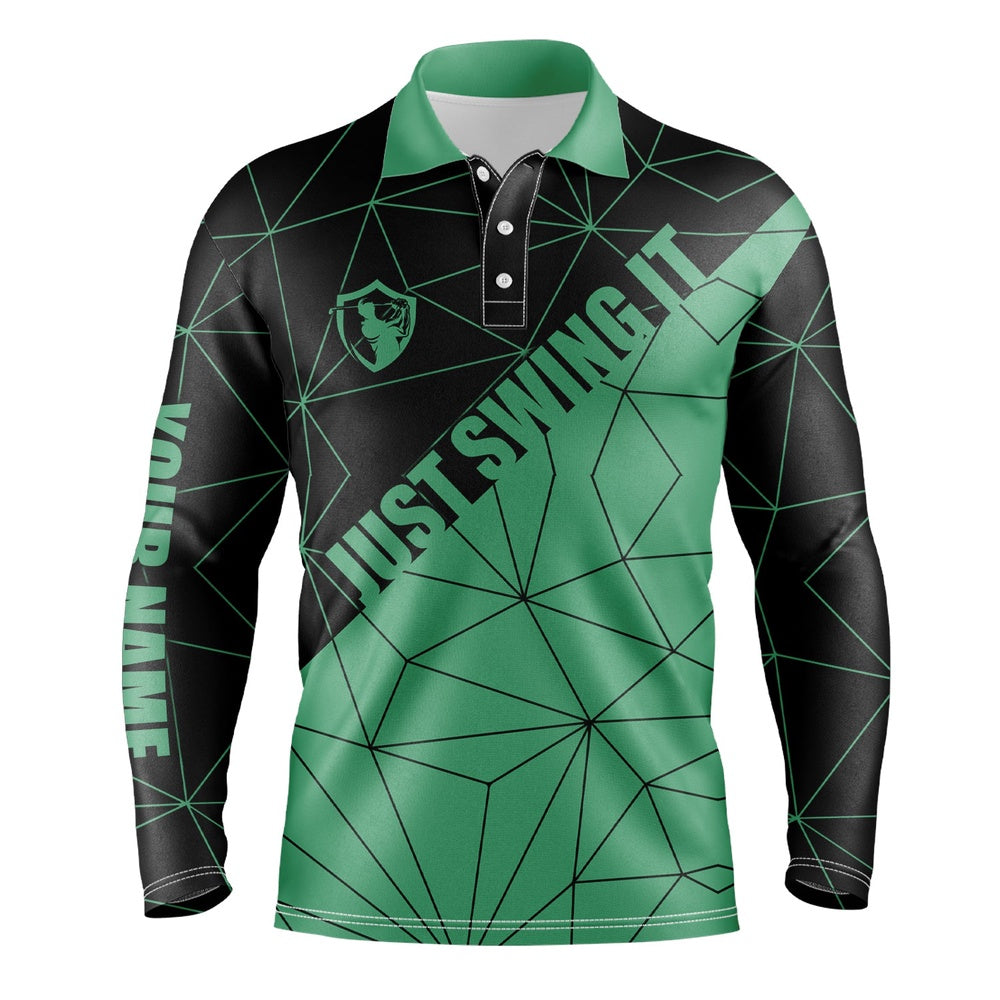 Golf Polo shirts, Mens Golf Polos Shirts Just Swing It Custom Name Green Geometric Pattern Golf Shirts For Men