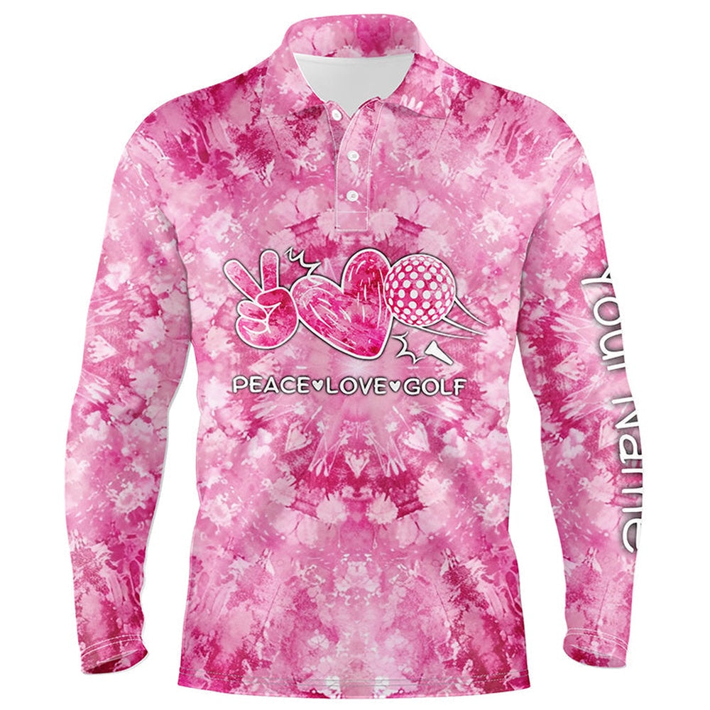 Golf Polo shirts, Mens Golf Polos Shirts Pink Tie Dye Pattern Custom Peace Love Golf, Personalized Golf Shirt For Men