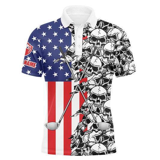 Golf Polo shirts, Mens Golf Tops Polo American Flag Pattern Skull Golf Clubs Custom Patriotic Golf Performance Shirts