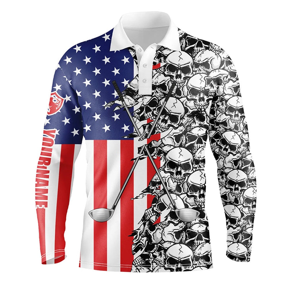 Golf Polo shirts, Mens Golf Tops Polo American Flag Pattern Skull Golf Clubs Custom Patriotic Golf Performance Shirts