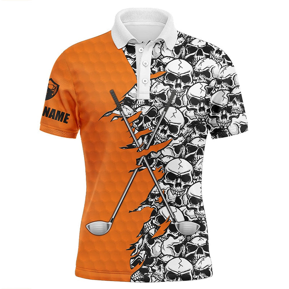 Golf Polo shirts, Mens Golf Tops Polo Orange Pattern Halloween Skull Golf Clubs Custom Golf Performance Shirts For Men