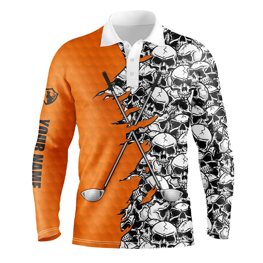 Golf Polo shirts, Mens Golf Tops Polo Orange Pattern Halloween Skull Golf Clubs Custom Golf Performance Shirts For Men