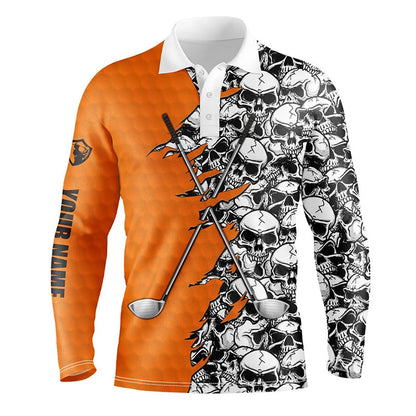 Golf Polo shirts, Mens Golf Tops Polo Orange Pattern Halloween Skull Golf Clubs Custom Golf Performance Shirts For Men