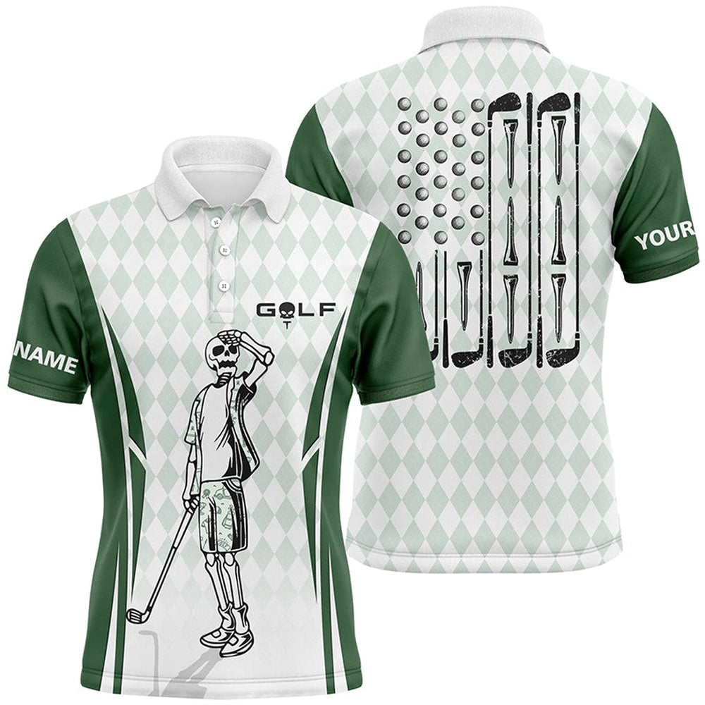 Golf Polo shirts, Mens Green Argyle American Flag Patriotic Golf Polo Shirts Custom Skull Golf Shirts For Men