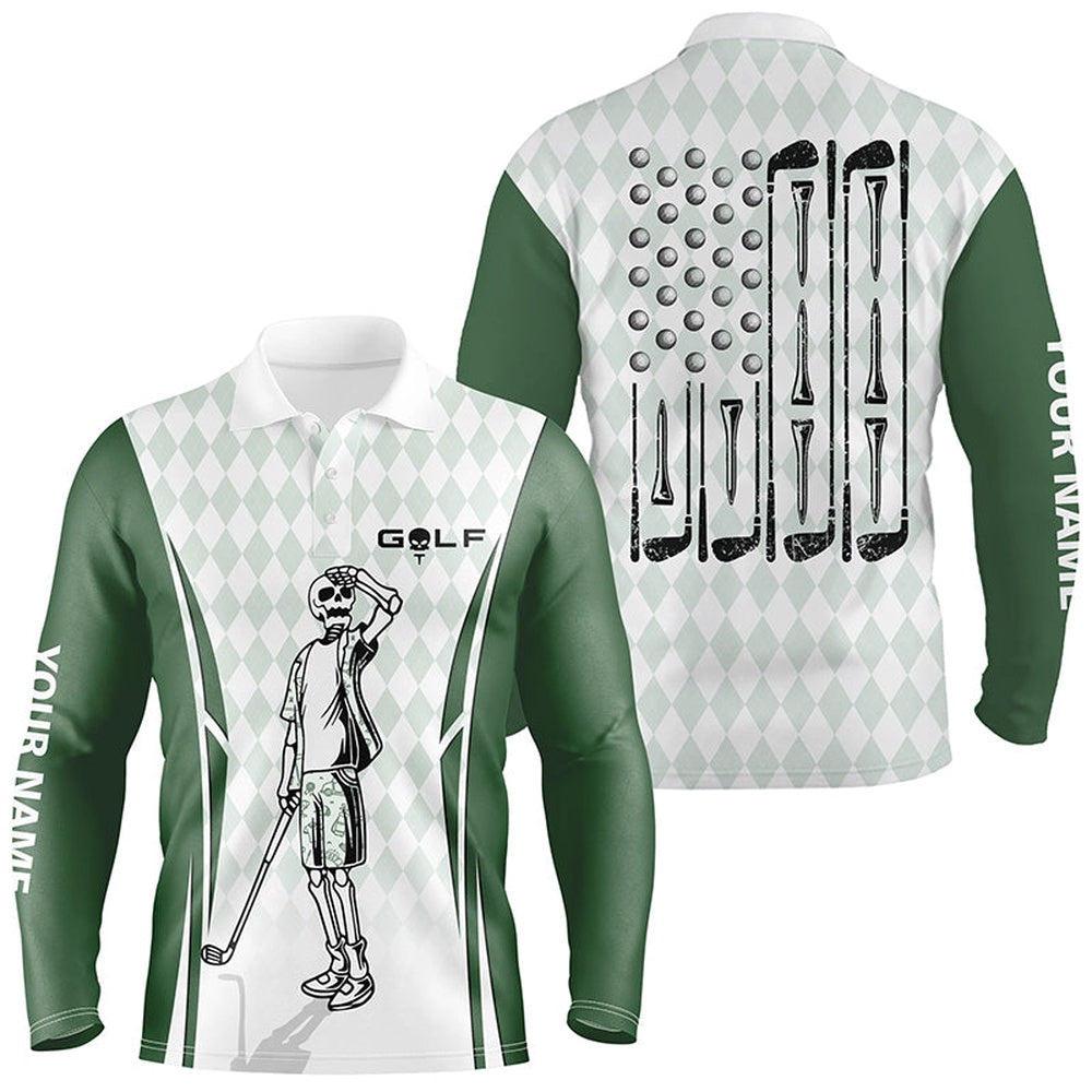 Golf Polo shirts, Mens Green Argyle American Flag Patriotic Golf Polo Shirts Custom Skull Golf Shirts For Men