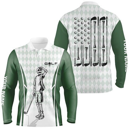 Golf Polo shirts, Mens Green Argyle American Flag Patriotic Golf Polo Shirts Custom Skull Golf Shirts For Men