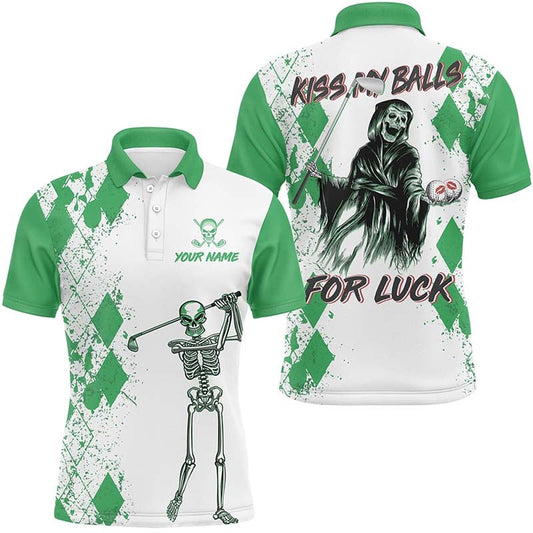 Golf Polo shirts, Mens Kiss My Balls Golf Polo Shirts Skeleton Green Argyle Scary Halloween Golf Shirts For Men