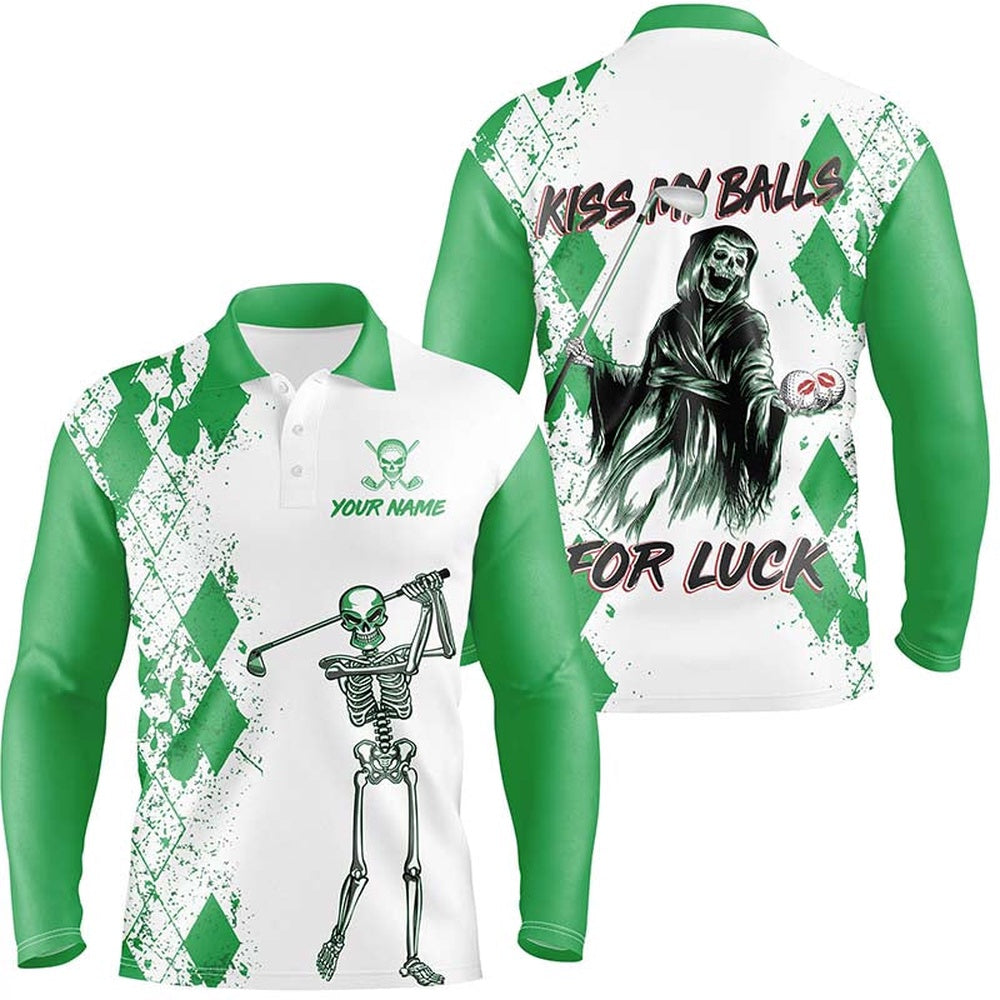 Golf Polo shirts, Mens Kiss My Balls Golf Polo Shirts Skeleton Green Argyle Scary Halloween Golf Shirts For Men