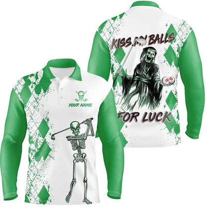 Golf Polo shirts, Mens Kiss My Balls Golf Polo Shirts Skeleton Green Argyle Scary Halloween Golf Shirts For Men