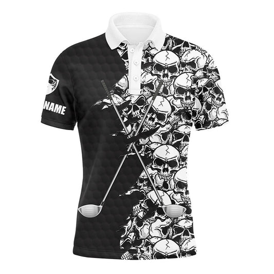 Golf Polo shirts, Mens Long Sleeve Golf Tops Polo Black Pattern Skull Golf Clubs Custom Name Golf Performance Shirts