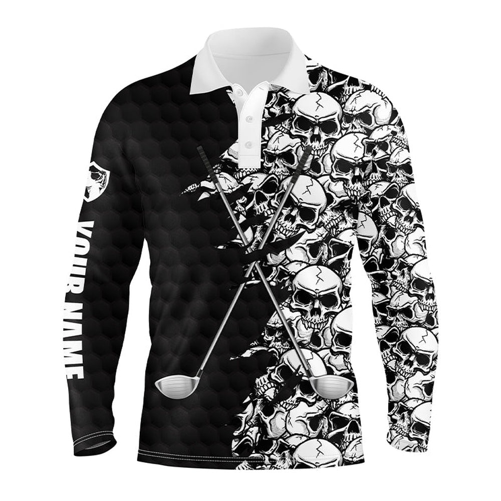 Golf Polo shirts, Mens Long Sleeve Golf Tops Polo Black Pattern Skull Golf Clubs Custom Name Golf Performance Shirts