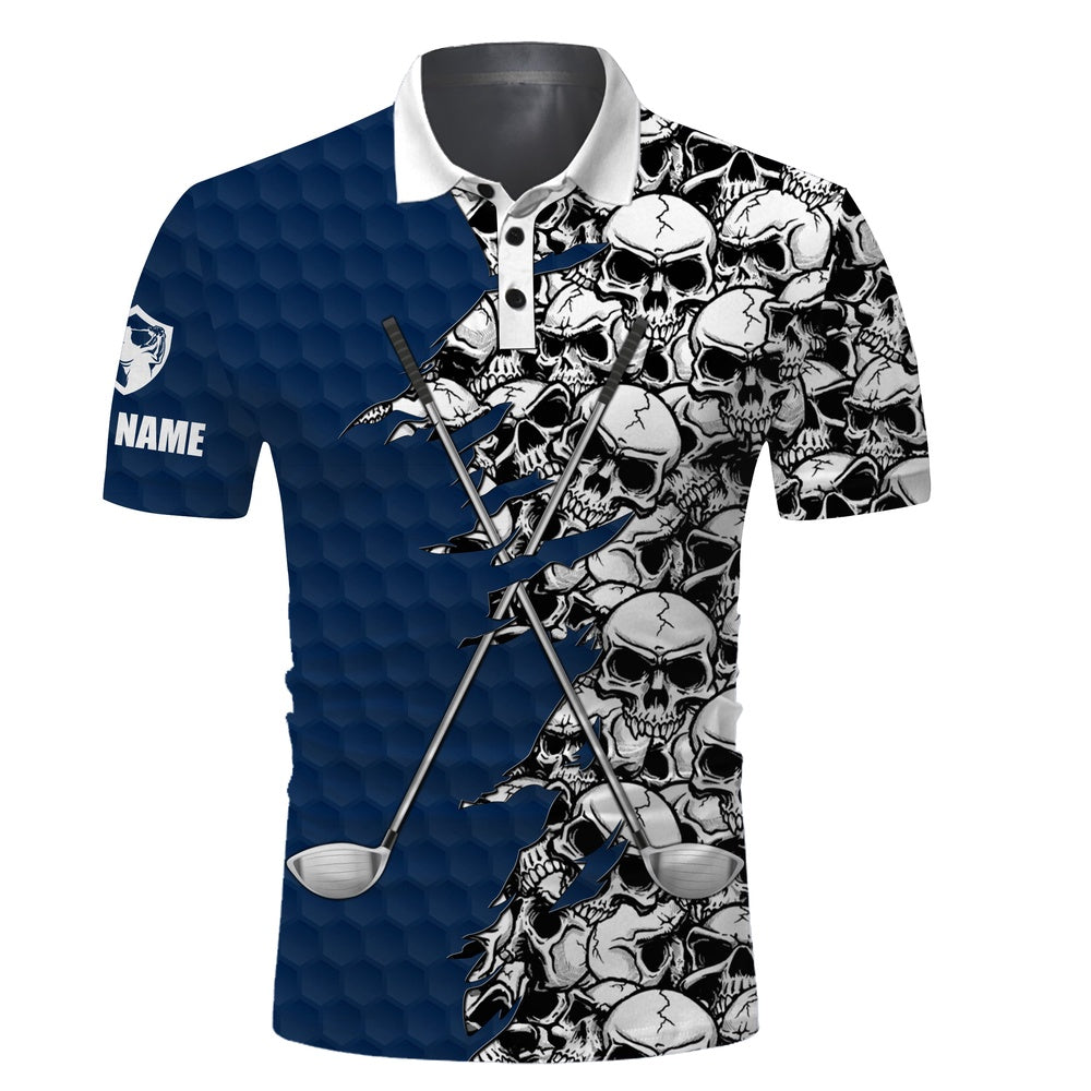 Golf Polo shirts, Mens Long Sleeve Golf Tops Polo Blue Pattern Skull Golf Clubs Custom Name Golf Performance Shirts