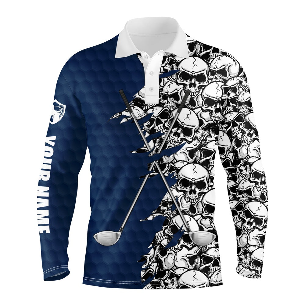Golf Polo shirts, Mens Long Sleeve Golf Tops Polo Blue Pattern Skull Golf Clubs Custom Name Golf Performance Shirts