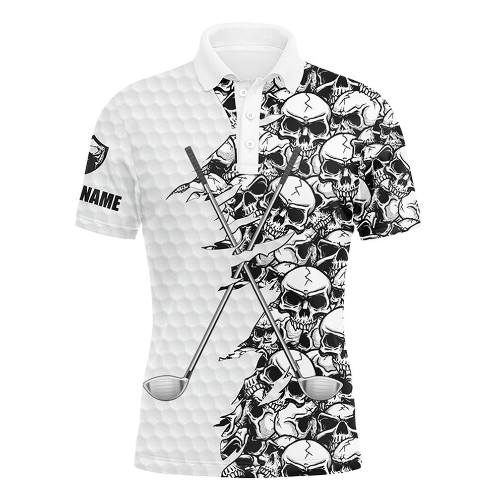 Golf Polo shirts, Mens Long Sleeve Golf Tops Polo White Pattern Skull Golf Clubs Custom Name Golf Performance Shirts