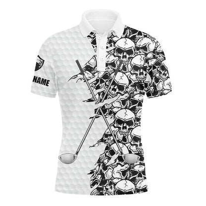 Golf Polo shirts, Mens Long Sleeve Golf Tops Polo White Pattern Skull Golf Clubs Custom Name Golf Performance Shirts