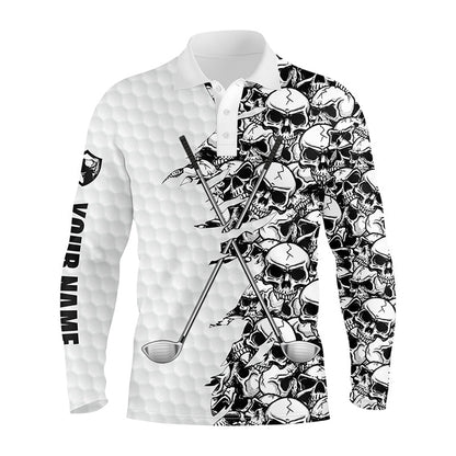 Golf Polo shirts, Mens Long Sleeve Golf Tops Polo White Pattern Skull Golf Clubs Custom Name Golf Performance Shirts