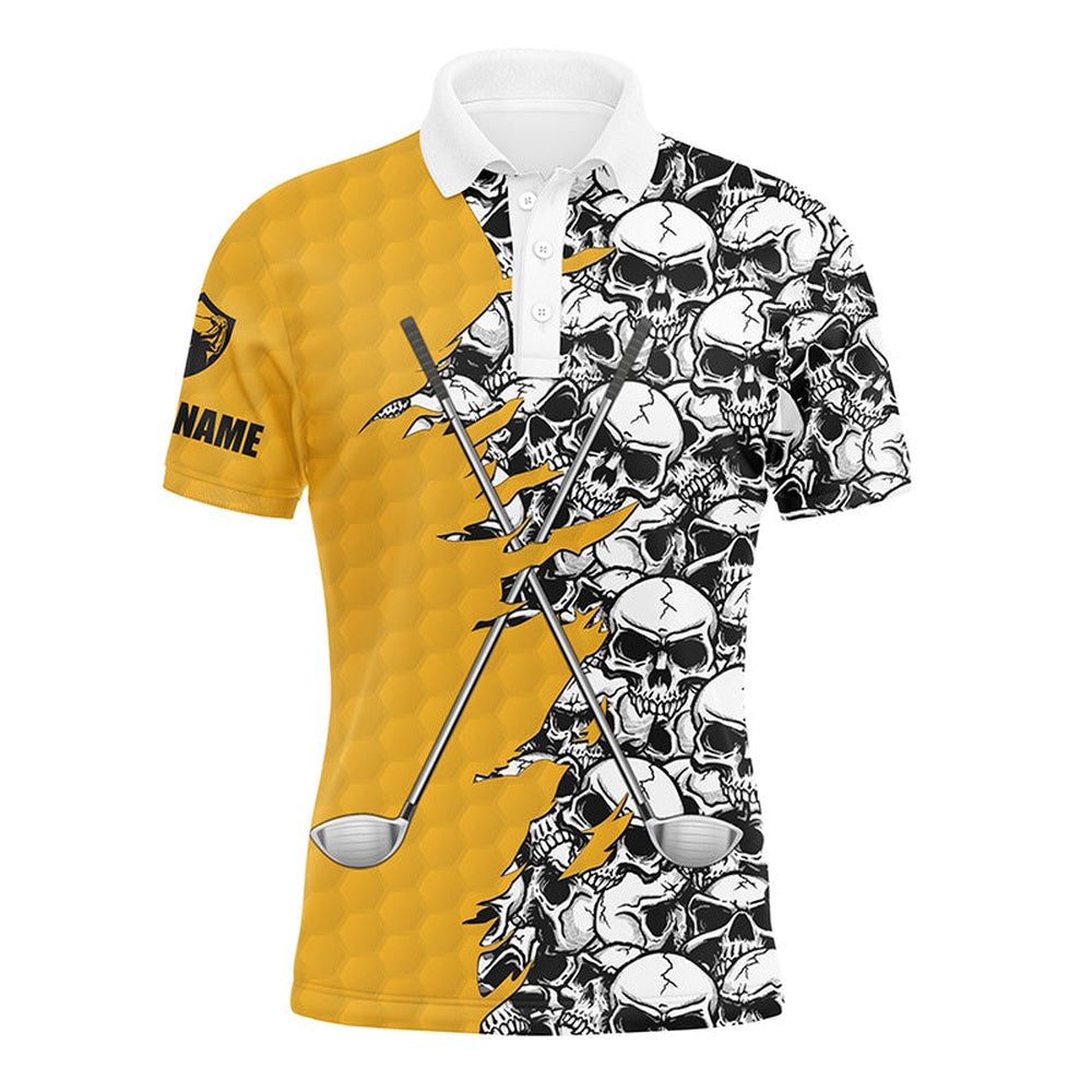 Golf Polo shirts, Mens Long Sleeve Golf Tops Polo Yellow Pattern Skull Golf Clubs Custom Name Golf Performance Shirts