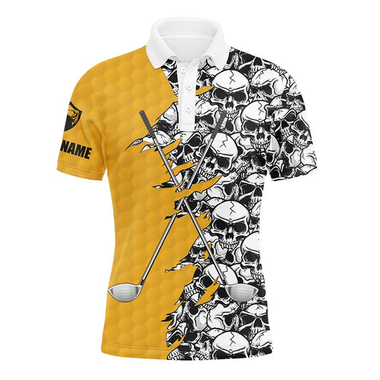 Golf Polo shirts, Mens Long Sleeve Golf Tops Polo Yellow Pattern Skull Golf Clubs Custom Name Golf Performance Shirts